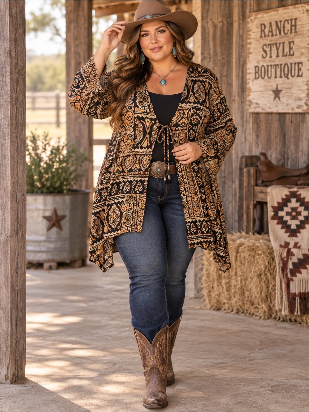 Mirasol Woman Black Tan Boho Paisley Tie Front Cardigan Western Plus Size